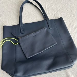 JCrew Navy Blue Leather Tote w/Zippered Bag